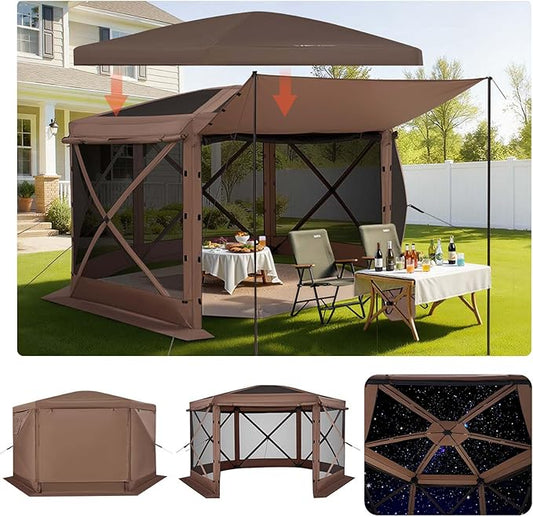 VEVOR Pop up Gazebo Screen Tent, 12 x 12 ft Large 6-Sided Camping Canopy Tent with Removable Top & Carry Bag, Quick-Set & Bite-Proof, Screen House Sun Shelter for 8-10 Persons Backyard Patio, Brown