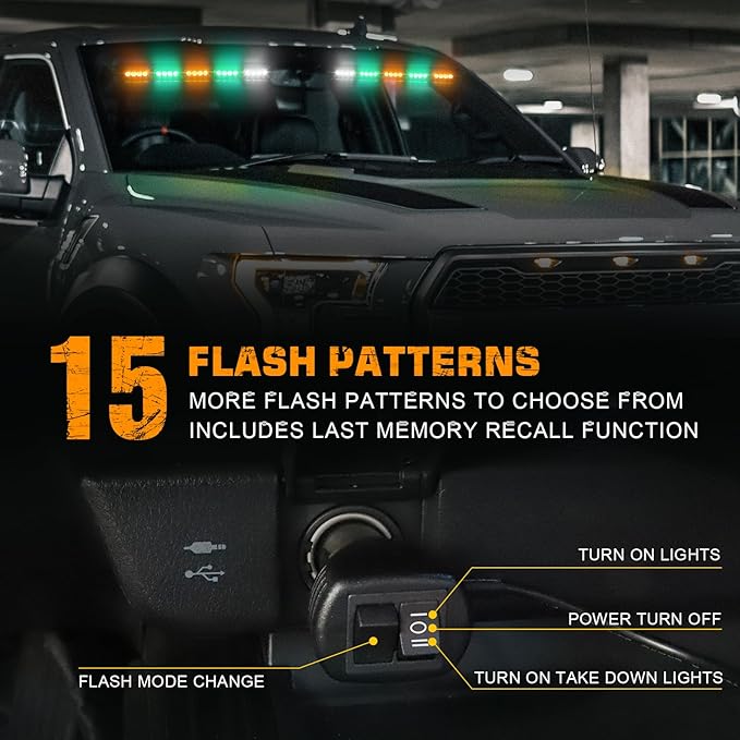 XRIDONSEN 34 inch Amber Green Emergency Visor Strobe Lights 40 LED Warning Flashing Hazard Safety Light Interior Front Windshield Lights w/White Take Down for Tow/Plow Trucks Construction Vehicles