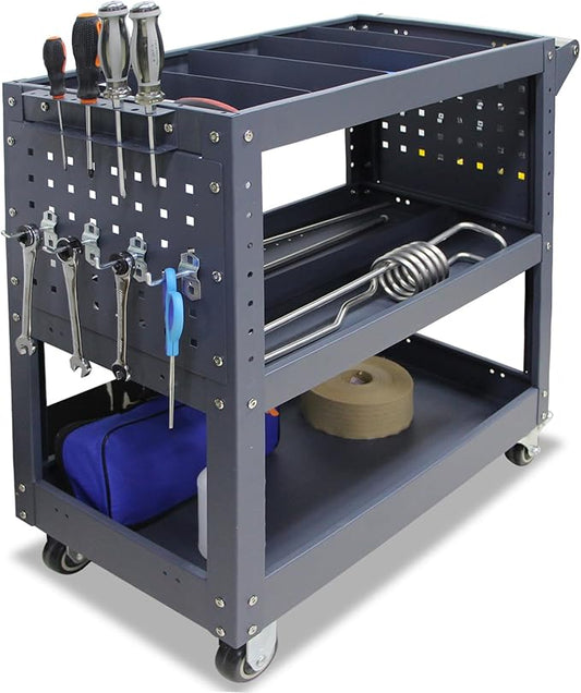 3 Tier Rolling Tool Cart with 6 Dividers, Mesh Panels & Screwdriver Shelf, 500 lbs Capacity, 32.5"x31.5"x15"