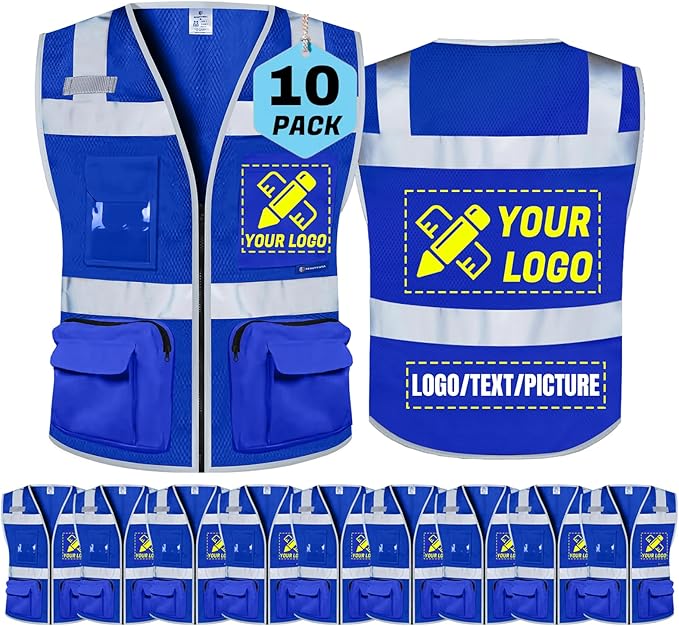 BeautyWill 10 Pack Custom Logo Safety Vest ANSI Class 2 High Visibility Reflective Vest Personalized Construction Vest Bulk