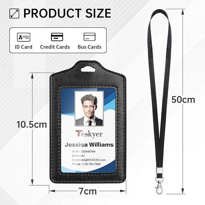 Teskyer 2 Pack Double Sided Clear Badge Holder with Lanyard, PU Leather ID Badge Name Card Holder with Stainless Steel J-Hook Nylon Lanyard for Work, School, Metro, Access, Black