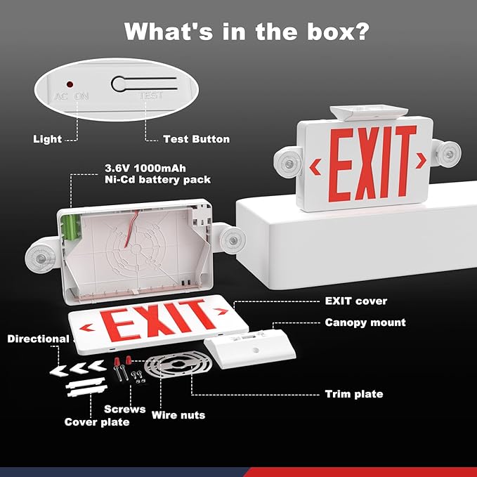 Exit Sign with Emergency Lights,LED Emergency Exit Light with Battery Backup,AC 120/277V, Commercial Emergency Lights Combo for Business Wall Or Ceiling Mount ETL Listed 1 Pack