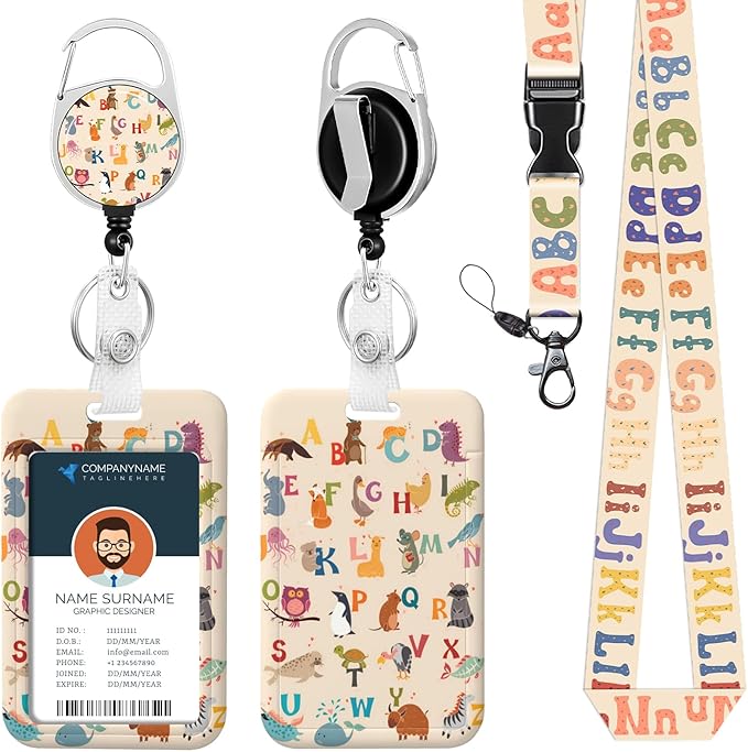 Colorful Alphabet Lanyards for ID Badges English Letter ID Badge Holder with Lanyard Retractable Badge Reel Lanyard Teacher Kids
