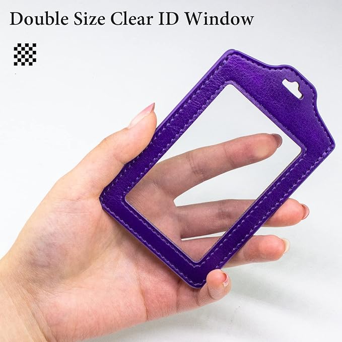Teskyer 2 Pack of Double Sided Clear Badge Holder with Lanyard, PU Leather ID Badge Name Card Holder with Stainless Steel J-Hook Nylon Lanyard for Work ID, School ID, Metro Card, Access Card, Purple