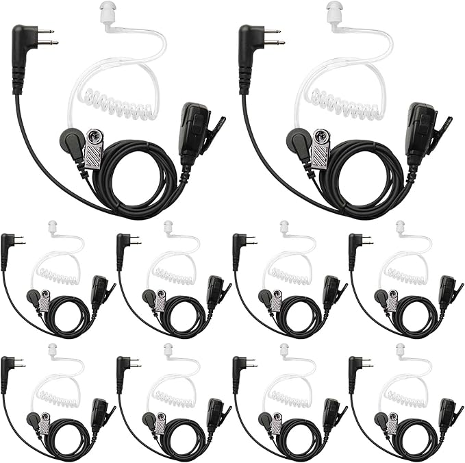 2 Pin Walkie Talkie Earpiece with PTT Mic and Air Acoustic Tube Compatible with Motorola BPR40 CLS 1110 1410 VL50 RDM2070D DLR1020 DLR1060 Two Way Radios Surveillance Headset (10 Pack)
