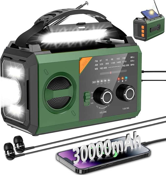 30000mAh Emergency Weather Radio with Wireless Speaker, 111000mWh NOAA/AM/FM Hand Crank Solar Radio with Flashlight Cell, Phone Charger, Compass, Reading Lamp, SOS Alarm