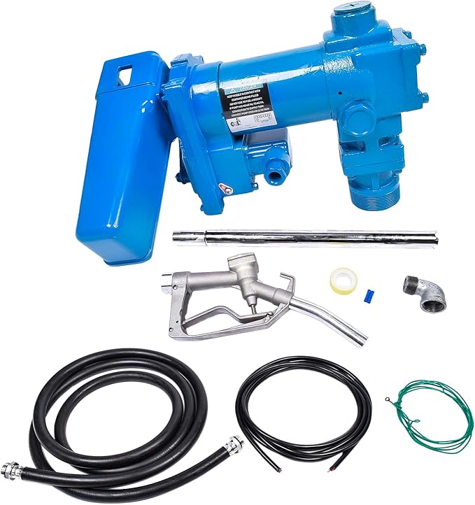 20 GPM 12 Volt Fuel Transfer Pump High Flow DC Transfer Pump Gasoline Pump for Transfer of Gasoline, Diesel, Kerosene, Ethanol & Methanol Blends & Biodiesel, with Discharge Hose & Manual Nozzle, Blue