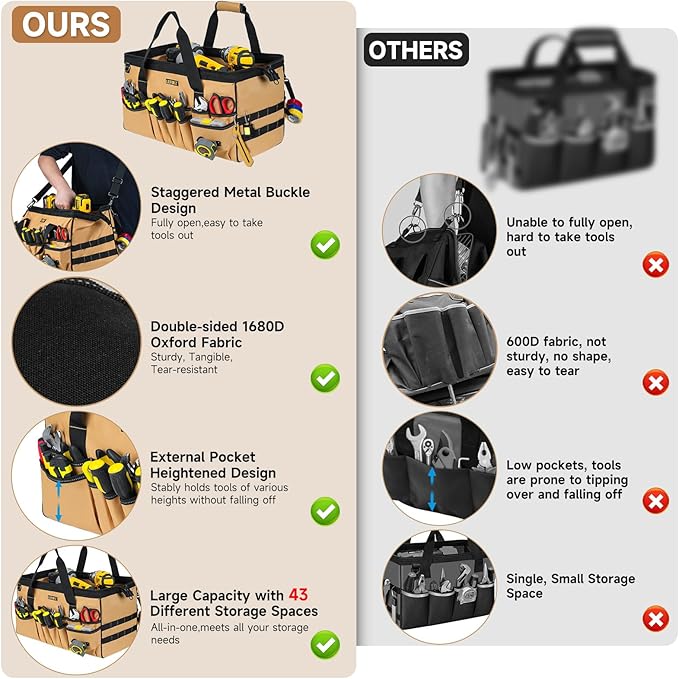18.5-Inch Tool Bag,43 Pockets Tool Bags for Men,Heavy Duty Tool Box Organizer Storage,Wide Mouth Toolbag Tools Tote Carrying Case for Dad,Mechanic,Electrician,Brown,Bag Only