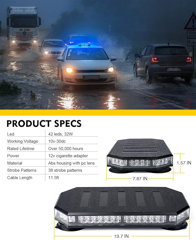 LUMENIX 42 LED Roof Top Strobe Beacon Light Bar Hazard Warning Emergency Flashing Police Cop Lights with Controller for First Responders Volunteer Firefighter POV Vehicles Trucks Blue (Patent Design)