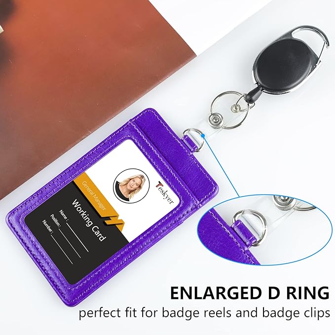 Teskyer Badge Holder with Lanyard, Leather ID Name Badge Card Holder with Lanyard for ID Badges, Vertical Purple