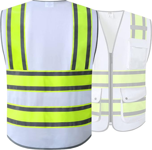 JKSafety 9 Pockets High Visibility Zipper Front Safety Vest | White with Dual Tone High Reflective Strips | Meets ANSI/ISEA Standards (901-White, Medium)