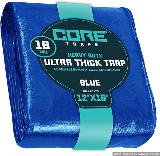 Core Tarps Extra Heavy Duty 16 Mil Tarp Cover, Waterproof, UV Resistant, Rip and Tear Proof, Poly Tarpaulin with Reinforced Edges for Roof, Camping, Patio, Pool, Boat (Blue 12′ X 16′)