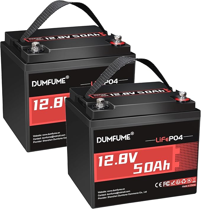 2 pack Dumfume 12V 50Ah LiFePO4 Lithium Battery, Built-in 50A BMS, 640Wh Energy with Low-Temp Protection,Ideal for RV,Solar,Home Energy Storage,Off-Grid,Industrial Backup Power
