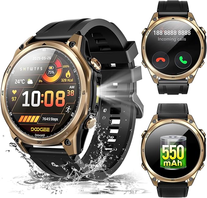 DOOGEE Anywise W1 Smart Watch 5ATM Waterproof Dual-Band GPS Fitness Tracker, 1.43'' AMOLED Screen Men Watches for Android and iPhone, 170+ Sports Modes, Bluetooth Call/18 Days Battery/2 Straps