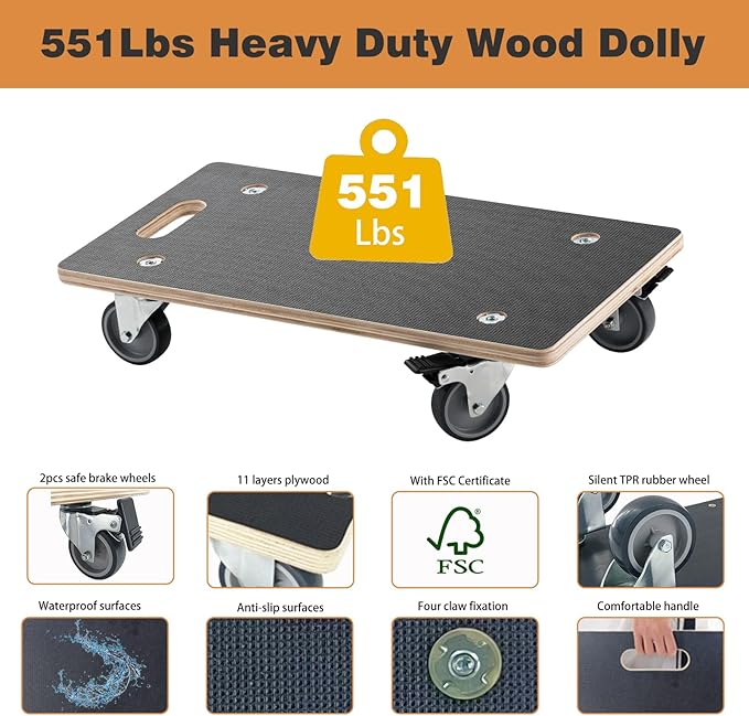 Anti-Slip Plywood Platform Dolly 2 Swivel + 2 Brake Caster Wooden Cart 550 Lbs Capacity (2 Packs per Set) Furniture Transporter Widely Use for Moving Heavy Furnitures,Goods, Green Plants