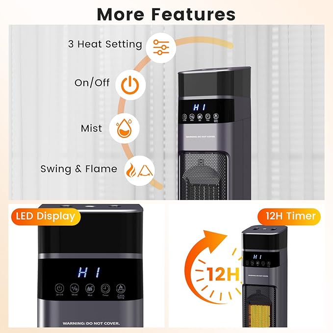 VCJ 31" Space Heaters, 1500W 12H Timer Electric Heater for Indoor Use, Remote, 120° Oscillation, Water Mist, Overheat & Tip-Over Protection, Quiet Portable Tower Heater for Bedroom Living Room Garage