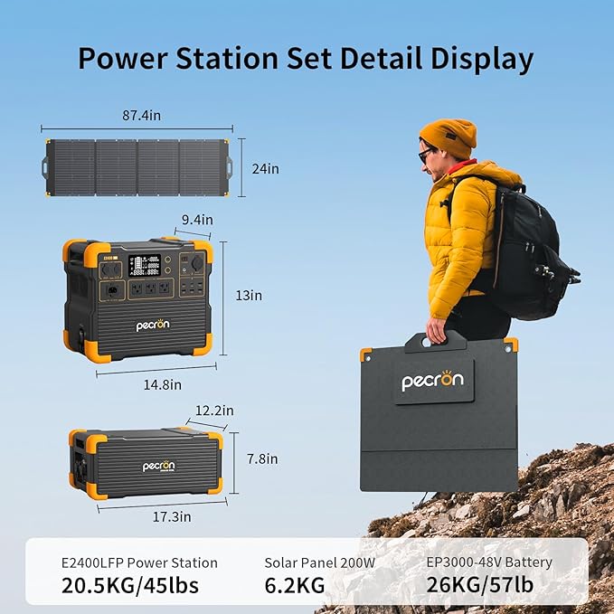 Pecron E2400LFP Power Station with 3072Wh Extra Battery and 200W Solar Panel*3, 2048Wh Portable Solar Generator for RV Travel, Camping, Home Use, CPAP, 2400W AC/100W USB-C Output