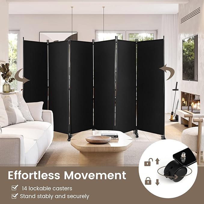 Giantex 6 Panel Room Divider, 132''W x 68''H Large Folding Privacy Screen, Rolling Partition Room Dividers for Home Office Studio Separation, Freestanding Fabric Wall Divider Screen on Wheels, Black