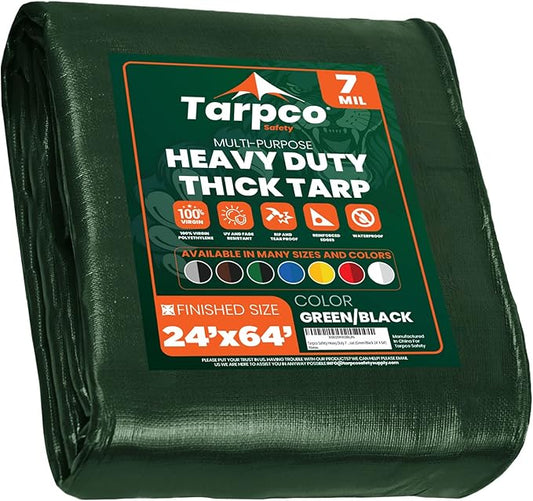 Tarpco Safety Heavy Duty 7 Mil Tarp Cover, Waterproof, UV Resistant, Rip and Tear Proof, Poly Tarpaulin with Reinforced Edges for Roof, Camping, Patio, Pool Cover, Boat (Green/Black 25′ X 40′)