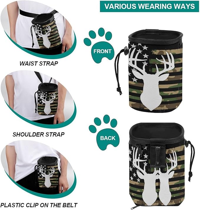 Fashion Pet Training Package, Portable Travel Dog Carrier Bag, Puppy Snack Pocket with Adjustable Waist Belt for Cat Dog Puppy Camouflage American Flag Hunting Deer Camo