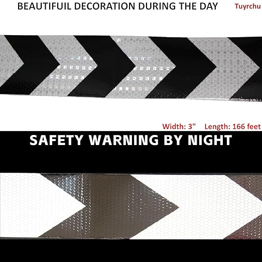Reflective Tape Black White 3 inch Wide for Automobile, Outdoor Waterproof High Visibility Safety Warning Adhesive Strips (166 feet)