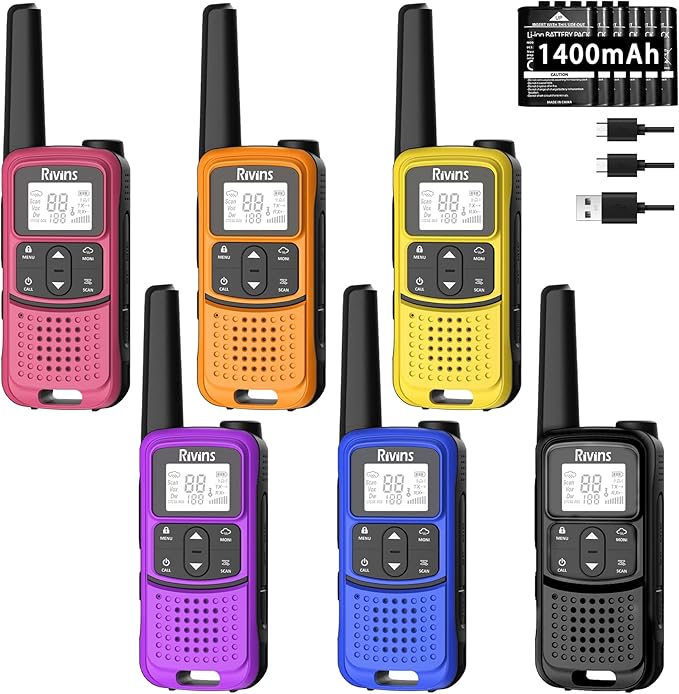 Radios Walkie Talkies Long Range: Rivins F22 Rechargeable Walkie Talkies for Adults, NOAA, 1400mAh Li-ion Battery USB-C Cable, LED Flashlight, VOX FRS Two Way Radio for Hiking Camping,6 Pack