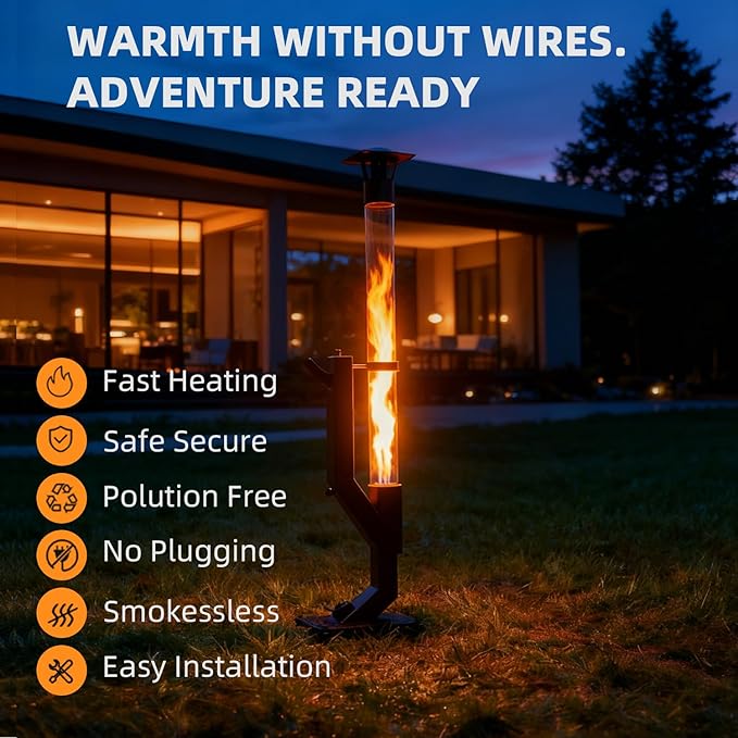 Wood Pellet Patio Heater, Portable Gravity Feed Outdoor Heater with Glass Tube Flame, Smokeless Non-Electric Rocket Stove for Backyard, Deck, Camping & RV (Black) (70" wheels)
