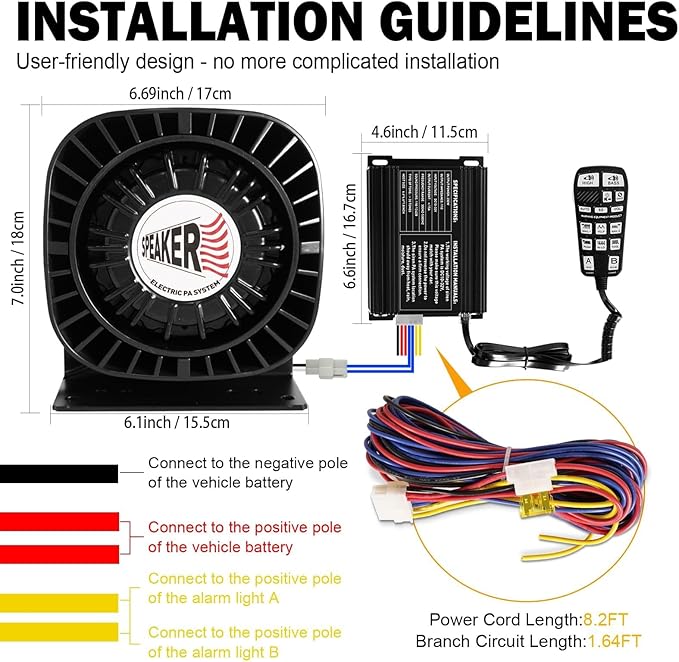 Emergency Police Siren Speaker Kit, 200W Multi-Tones Emergency Sirens PA System Extra Slim Speaker with Handheld Microphone, Car Alarm Megaphone for 12V Vehicles, Tow Truck Pickup Ambulance SUVs