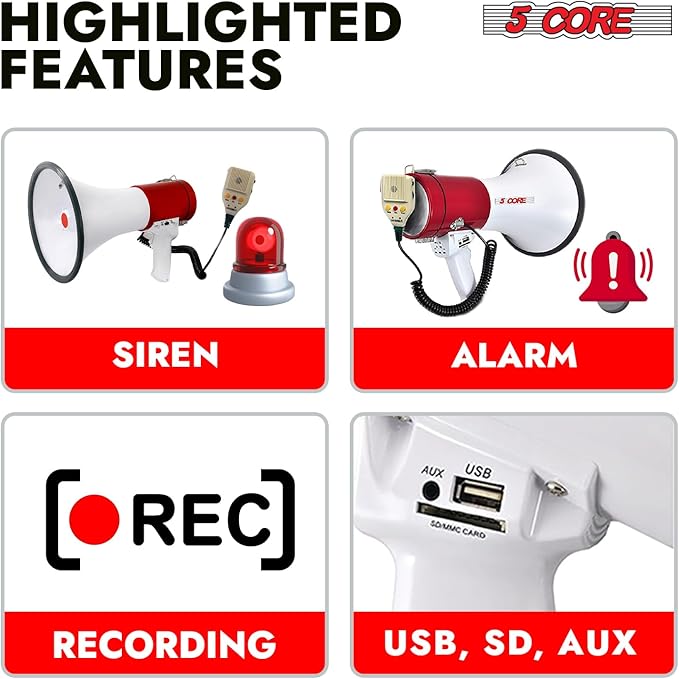 5 CORE Megaphone 50W Bull Horn Professional PA Speaker w 1200 Yards Range Loud Siren Voice Amplifier USB/SD/3.5mm Aux Portable Megafono for Emergency Outdoor Sports and Coaches - 66SF
