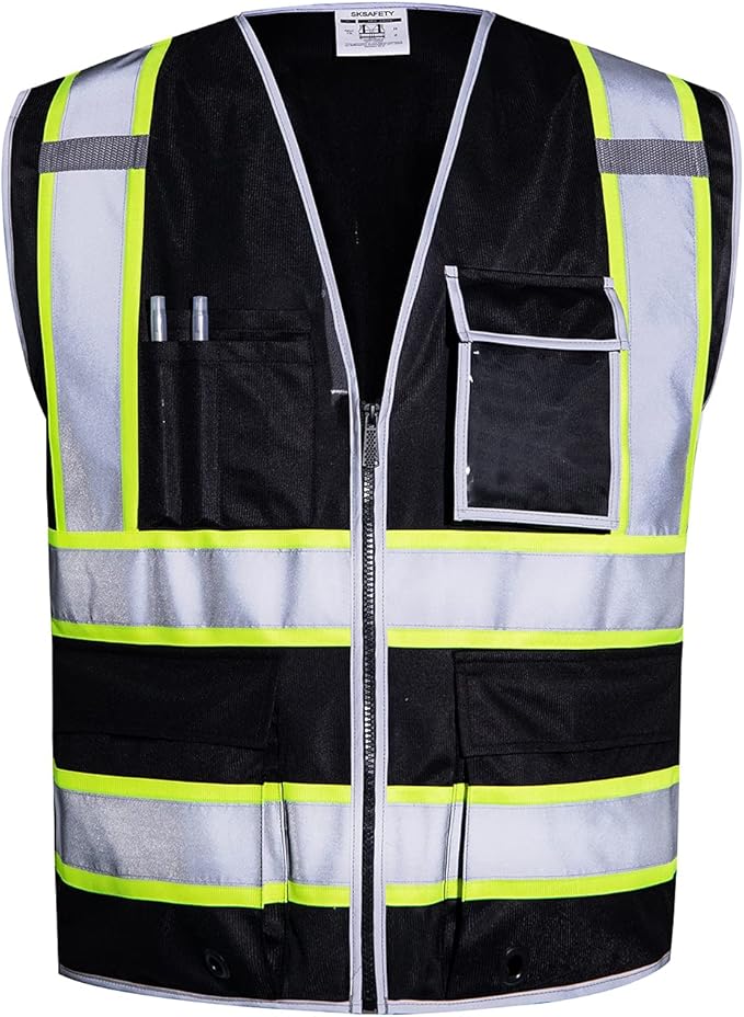 SKSAFETY 10 Pockets Safety Vest, Class 2 High Visibility Security with Zipper, Hi Vis Vest with Reflective Strips, ANSI/ISEA Standard, Construction Work Vest for Men ＆ Women （Black, L）