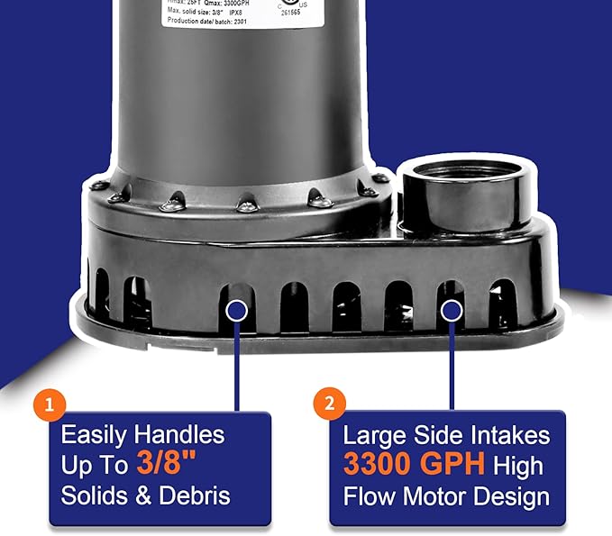 WASSERMANN 1/2HP Submersible Water Pump,3300GPH Thermoplastic Utility Pump Electric Portable Transfer Clean/Dirty Sump Pump for Pool Tub Garden Pond Draining with 10 FT Cord