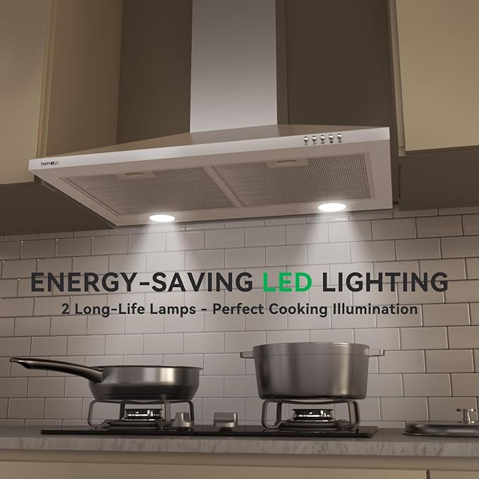 Hermitlux Range Hood 30 inch, Stainless Steel Wall Mount Vent Hoods for Kitchen with Charcoal Filter, Ducted/Ductless Convertible, 3 Speed Exhaust Fan, LED Light, Button Control
