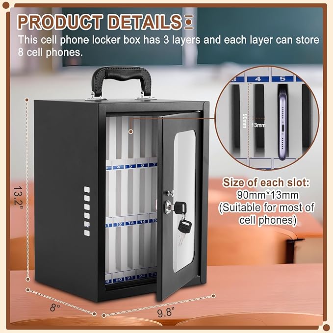 Cell Phone Locker Box, Thickened Steel Cell Phone Storage Cabinet 24 Slots Wall-Mounted Cell Phone Lock Box for School, Company