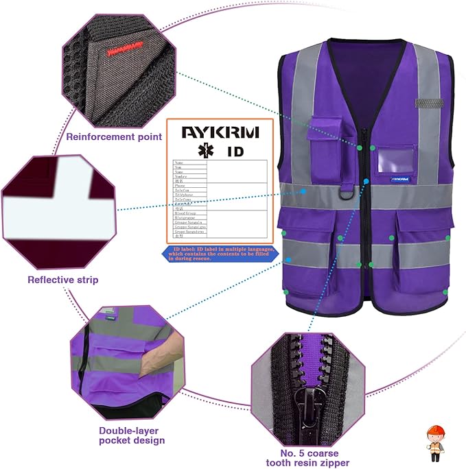 Hi Reflective Safety Vest,A-SAFETY, Hi Vis Bright Neon Colors Safety Vest with 4 Reflective Strips 7 Pockets (6XL, Purple)