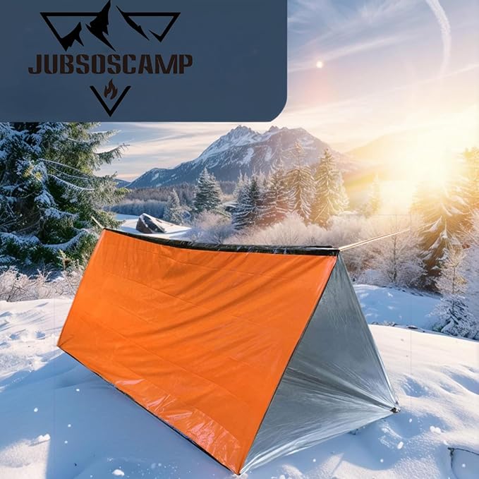 Survival kit 4 Pack, 1 Emergency Tent 1 Emergency Sleeping Bag 1 Mylar Blankets 1 Poncho with 4 Tac Bags for Outdoor Carcar Kits, Camping, Hiking Reuse Emergency Shelter.(Orange)