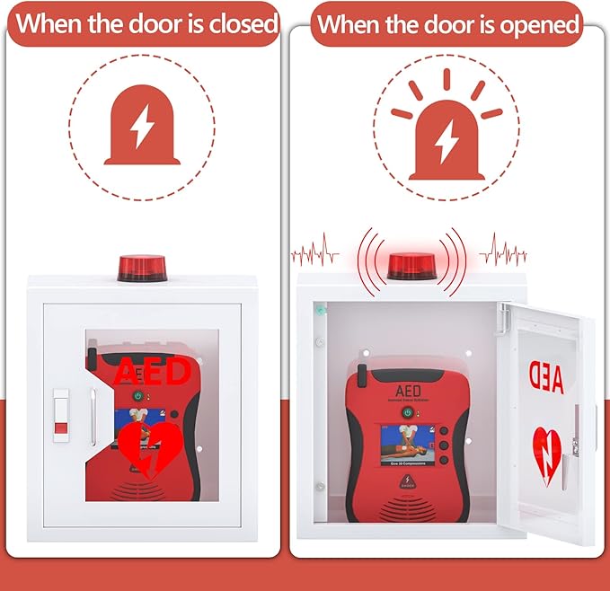 AED Defibrillator Wall Mounted Cabinet, Steel Storage Cabinet with Alarm and Light, AED Cabinet fits All Brands Cardiac Science, Zoll, AED Defibrillator, Physio-Control, 14.2 x 7.8 x 15.7 Inch