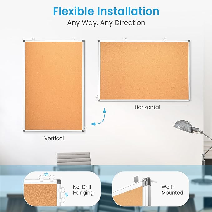 Double-Sided Cork Bulletin Board for Wall, WALGLASS 24" x 18" Hanging Wall Mounted Notice Board, Pin Display Vision Cork Board, Aluminium Framed Message Corkboard for Office, Home, School
