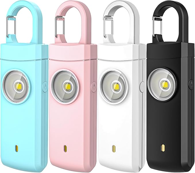 4 PCS Self Defense USB Rechargeable Alarm,130 dB Loud Siren with LED Strobe Light,Keychain Design for Easier Carrying, Personal Alarm for Women, Children, Elderly. (Aqua&Black&Pink&White)