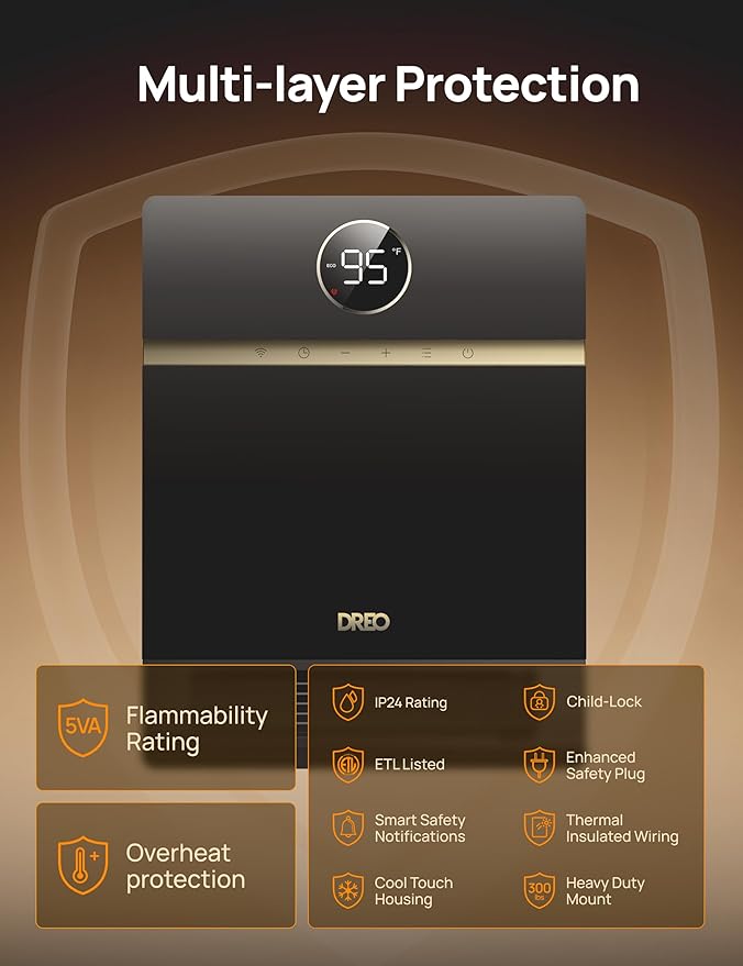 Dreo Smart Wall Heater, IP24 Electric PTC Space Heater for Indoor Use, 30° Oscillation, Adjustable Thermostat, Remote Control, Works with Alexa, 24H Timer, Easy-mounted for Bedroom, Office