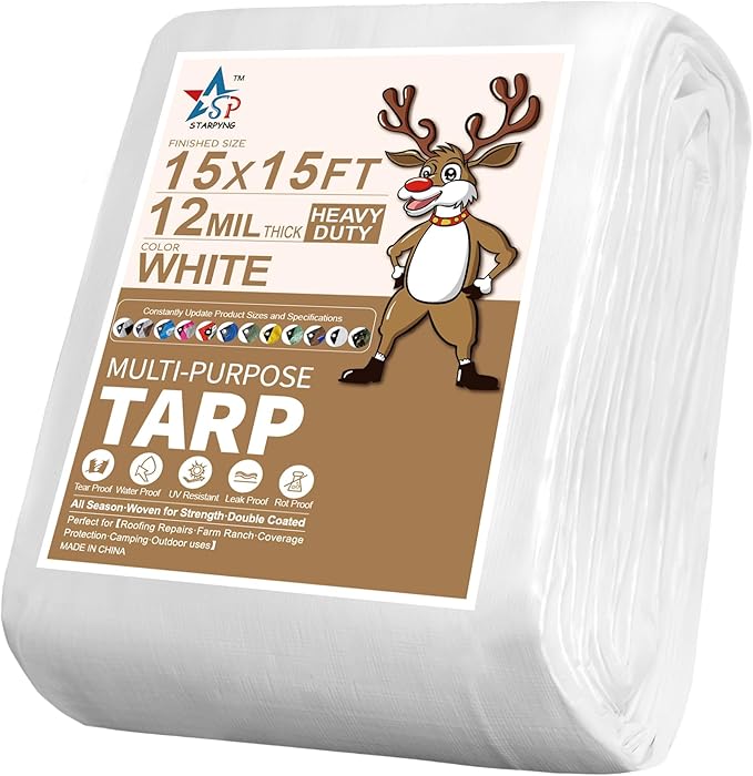 STARPYNG-12 Mil White 15x15 Feet Tarp-Heavy Duty Poly Tarp-Cover,Waterproof, UV Resistant, Weather Resistant, Cover Cars, Boats, Courtyards,Camping