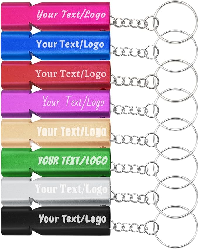 LYLBFOF Personalized Emergency Survival Whistle 3/5/10/50/100 Bulk Custom Aluminum Safety Whistle with Keychain Engraved Any Text/Logo, Gifts for Outdoor Sports Camping Hiking Boating Hunting