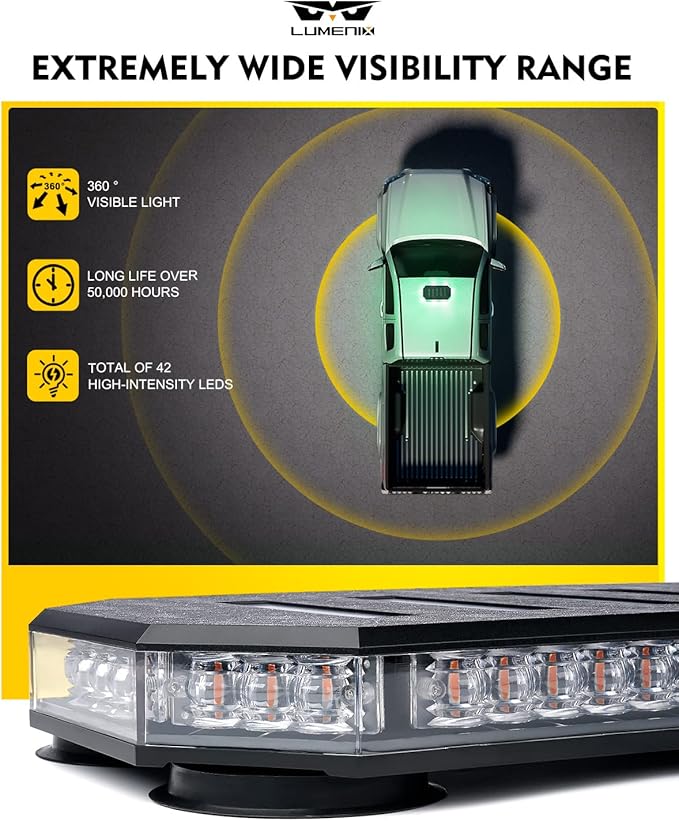 LUMENIX 42 LED Roof Top Strobe Beacon Light Bar Hazard Warning Emergency Flashing Plow Lights with Controller for Construction Vehicles Tow Trucks Snowplow Postal Cars White Green (Patent Design)