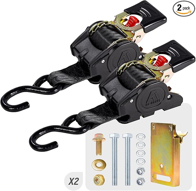 AA-Racks Heavy Duty Retractable Ratchet Straps (2 Pack) - 2 Inch x 9 Ft 3300lbs Break Strength, Tie Down Straps for Securing Cargo, Truck Rack Ratchet Strap Kit with S-Hooks