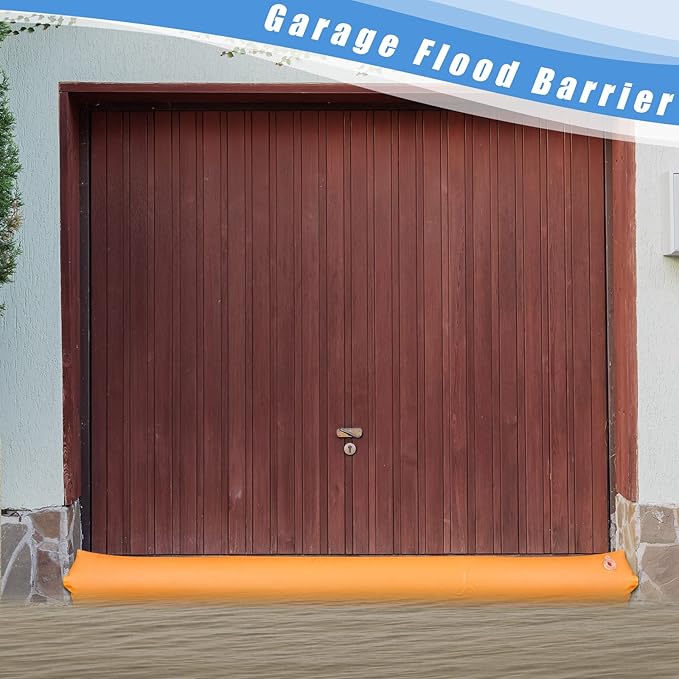 Amylove 4 Pcs PVC Inflatable Flood Barriers for Home Reusable Garage Water Prevention Barriers Flood for Rain Snow Melted Garage Door Basement Home(6 ft x 8 in x 4 in,Orange)