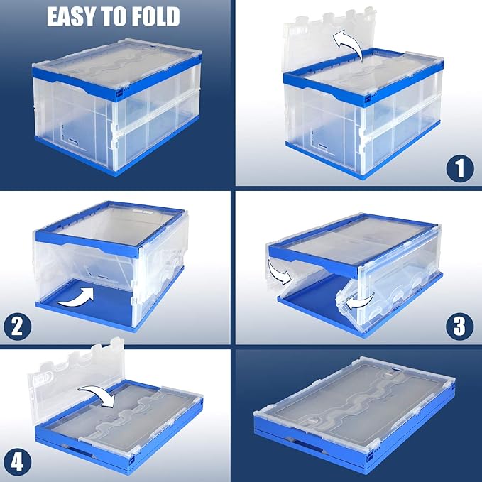 Mount-It! Folding Plastic Storage Crate, Collapsible Utility Distribution Container with Attached Lid, 23x15x13 Inches, 65L Liter Capacity, Clear (SET OF 3)