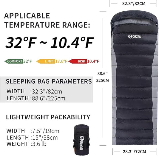 Ultralight Down Sleeping Bag for Adults - 600 Fill Power, Cold Weather, Backpacking, Camping, Hiking