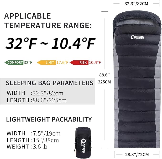 Ultralight Down Sleeping Bag for Adults - 600 Fill Power, Cold Weather, Backpacking, Camping, Hiking