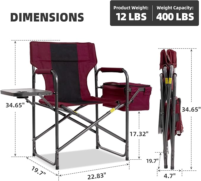 Director Camping Chair Set of 2 with Cooler Bag & Foldable Side Tray - 400lbs Heavy Duty Outdoor Folding Lawn Chair, Portable Camp Chair for Backyard, Fishing, Beach (Wine Red)