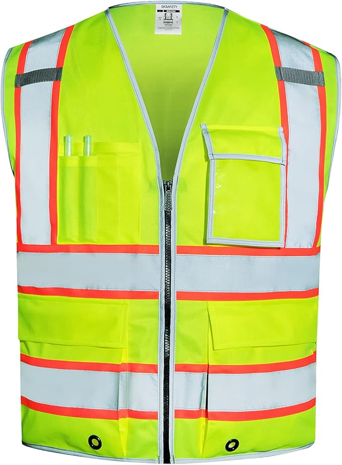 SKSAFETY 10 Pockets Safety Vest, Class 2 High Visibility Security with Zipper, Hi Vis Vest with Reflective Strips, ANSI/ISEA Standard, Construction Work Vest for Men ＆ Women （Lime, 4XL）