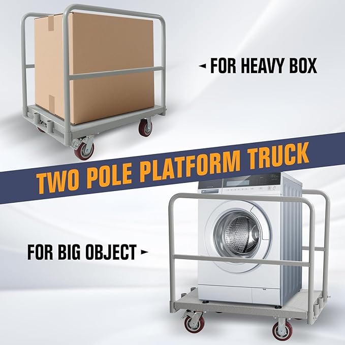 2IN1 Steel Panel Truck Cart, Lumber Cart Drywall Dolly，2500LBS Heavy Duty Flatbed Cart Dolly with 5" Swivel Brake Wheels, 2MM Plate Platform Truck with 1Front and 2Side Handrails